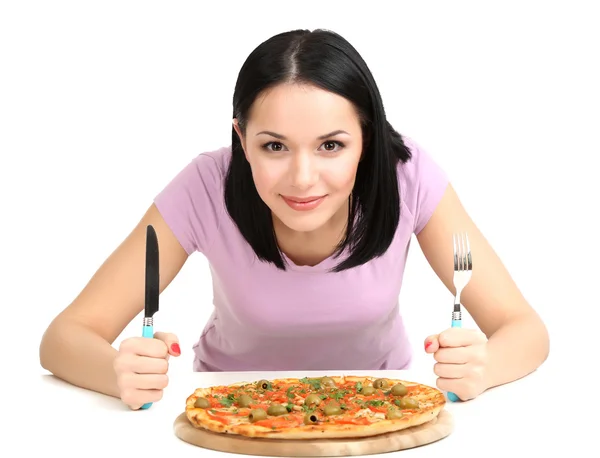 Schönes Mädchen will Pizza isoliert auf weiß essen — Stockfoto