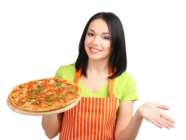 Chica ama de casa con deliciosa pizza aislada en blanco — Foto de Stock