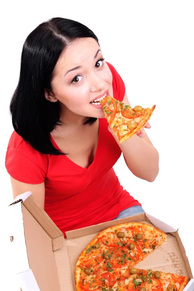 Menina bonita come pizza isolada em branco — Fotografia de Stock