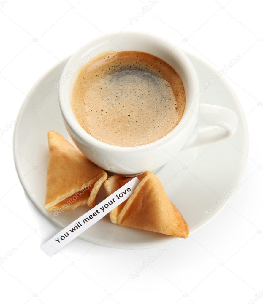 Cup of coffee and fortune cookies, isolated on white