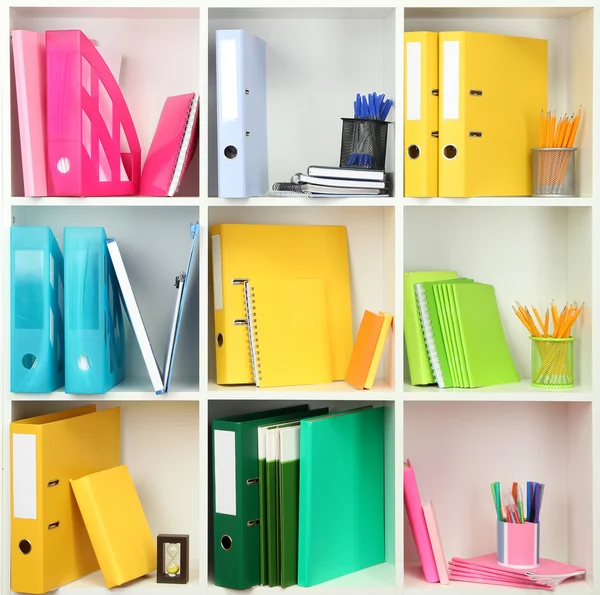 White office shelves with different stationery, close up — Stock Photo, Image