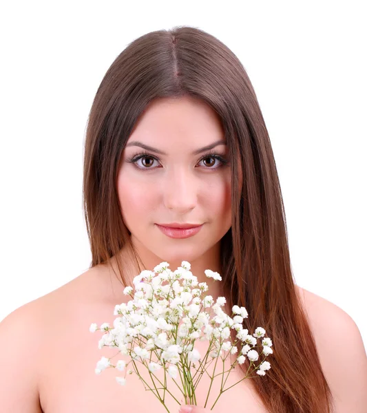 Schöne junge Frau mit Blumen isoliert auf weiß — Stockfoto