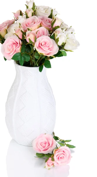 Beautiful pink and white roses in vase isolated on white — Stock Photo, Image