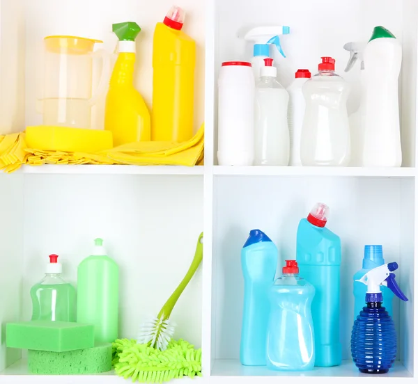 Shelves in pantry with cleaners for home close-up — Stock Photo, Image