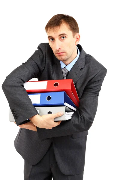 Young businessman with folders isolated on whit — Stock Photo, Image
