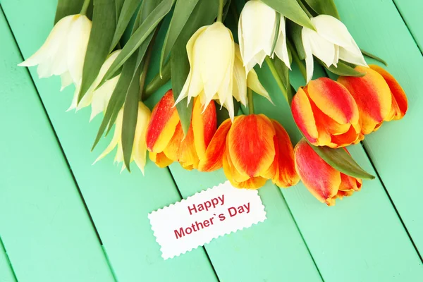 Beautiful white and orange tulips on color wooden background — Stock Photo, Image