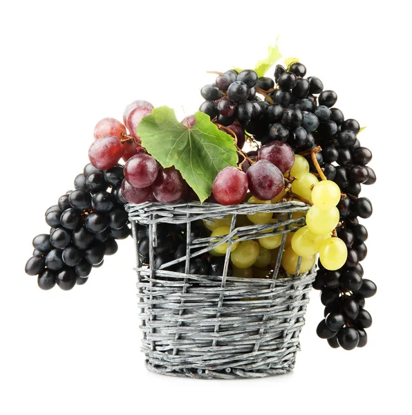 Assortment of ripe sweet grapes in basket, isolated on whit — Stock Photo, Image