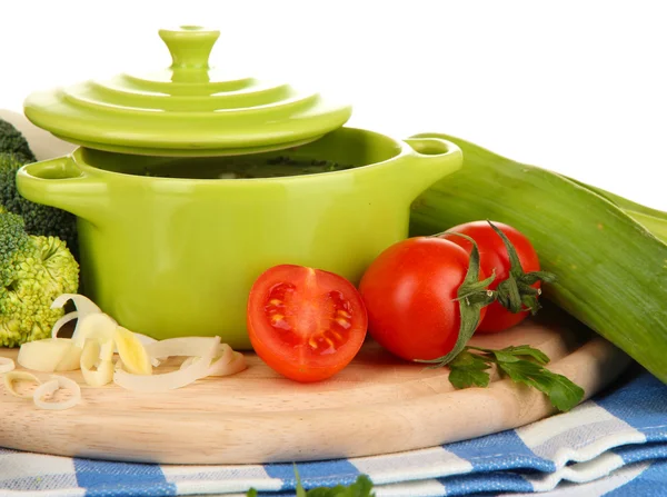 Diet soup with vegetables in pan isolated on white — Stock Photo, Image