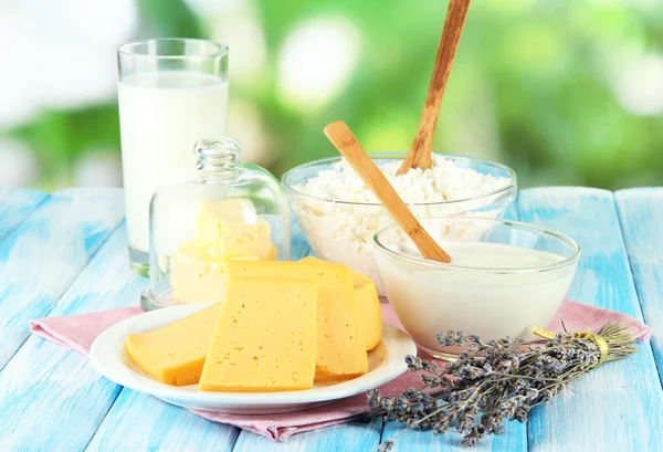 Glass of milk and cheese on natural background — Stock Photo, Image