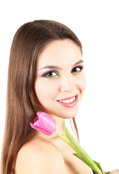 Young beautiful girl with tulip in her hand, isolated on white — Stock Photo, Image