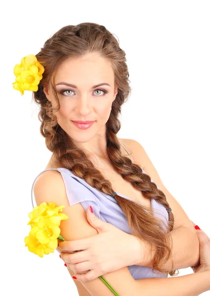 Mujer joven con hermoso peinado y flores, aislado en blanco — Foto de Stock