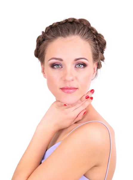 Jovem com penteado bonito, isolado em branco — Fotografia de Stock