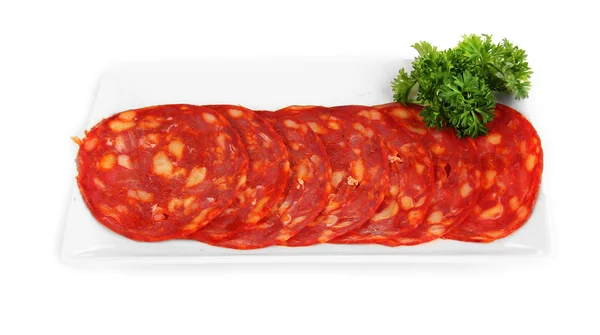 Salami slices on white plate, isolated on white — Stock Photo, Image