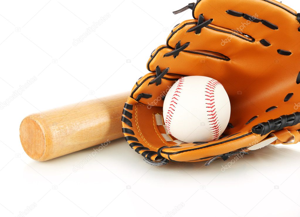 Baseball glove, bat and ball isolated on white