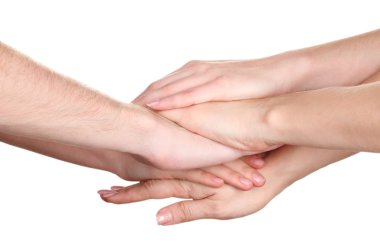 Grup genç'in eller üzerinde beyaz izole