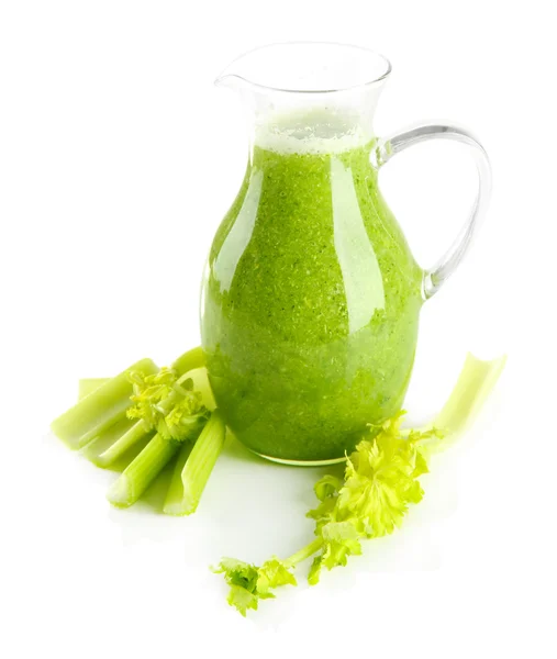 Glass pitcher of celery juice, isolated on white — Stock Photo, Image