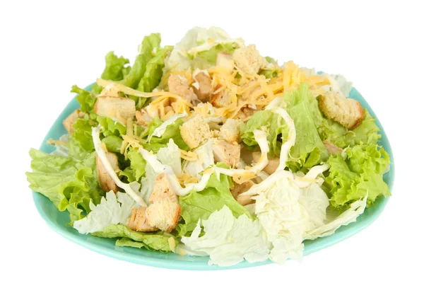 Caesar salad on blue plate, isolated on white — Stock Photo, Image