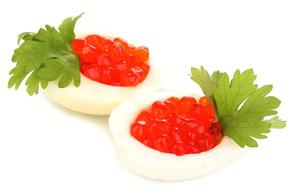 Red caviar in eggs isolated on white — Stock Photo, Image