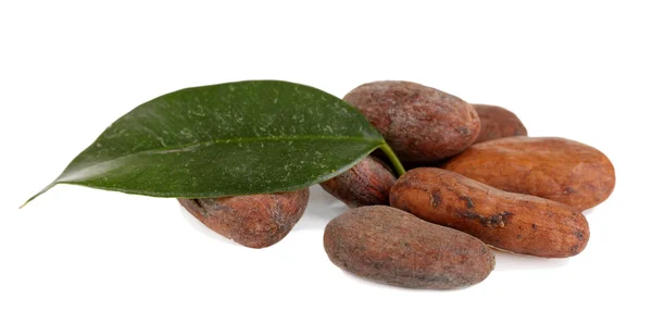 Kakaobohnen mit Blatt isoliert auf weiß — Stockfoto
