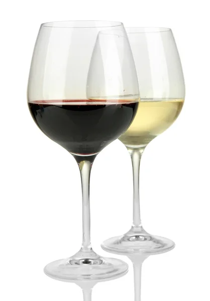 Two glasses of red and white wine, isolated on white — Stock Photo, Image