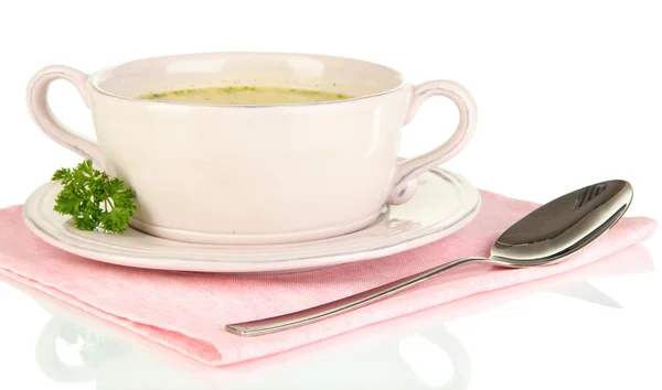 Výživná polévka se zeleninou v pánvi izolovaných na bílém — Stock fotografie