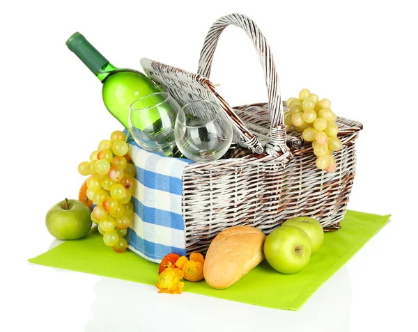 Picnic basket with fruits and bottle of wine, isolated on white — Stock Photo, Image