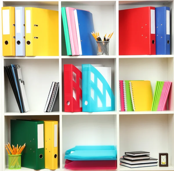 White office shelves with different stationery, close up — Stock Photo, Image