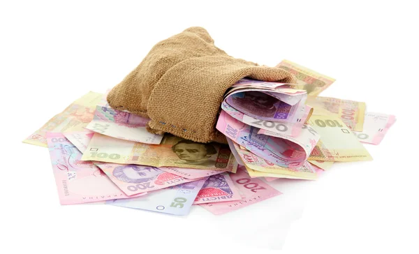 Jute zak met Oekraïense geld, geïsoleerd op wit — Stockfoto