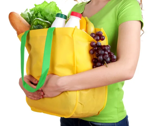 Menina com saco de compras isolado no branco — Fotografia de Stock