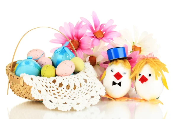 Easter eggs and two chicken toys isolated on white — Stock Photo, Image