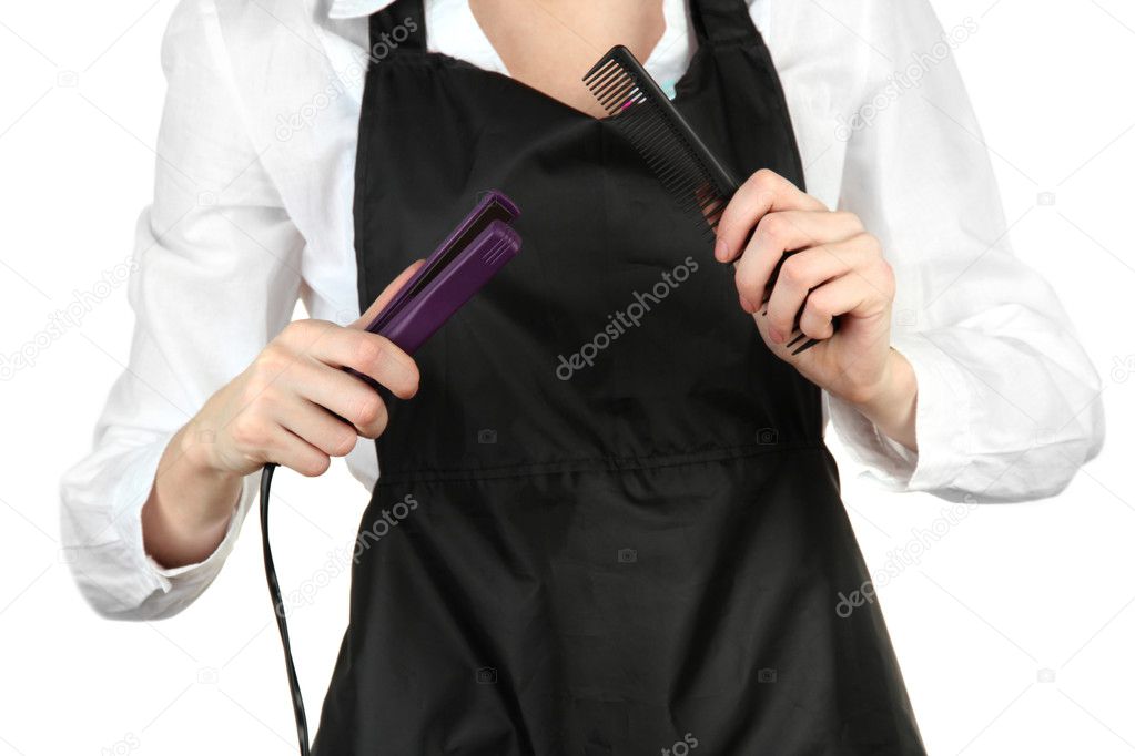 Hairdresser in uniform with working tools, isolated on white