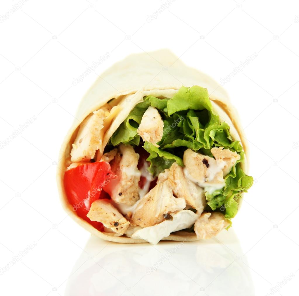 Kebab - grilled meat and vegetables, isolated on white