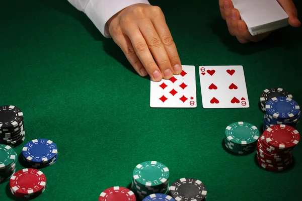 Poker setting on green table — Stock Photo, Image