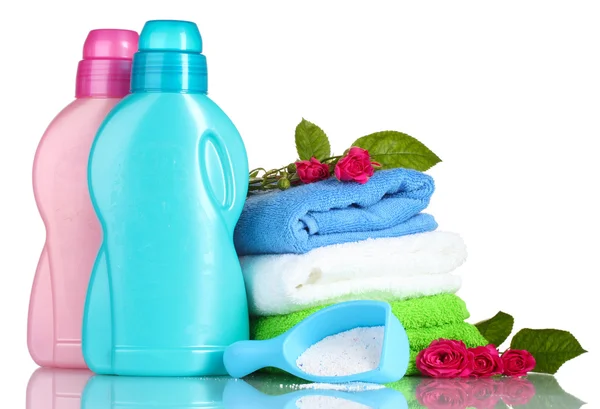 Detergent with washing powder and towels isolated on white — Stock Photo, Image