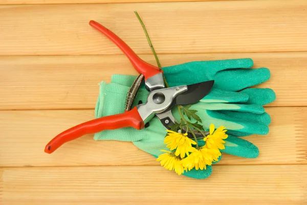 Secateurs with flower on wooden background — Stock Photo, Image