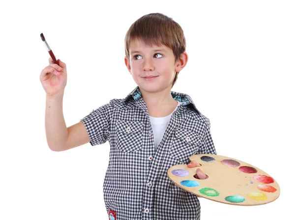 Милий маленький хлопчик малює ізольовано на білому — стокове фото