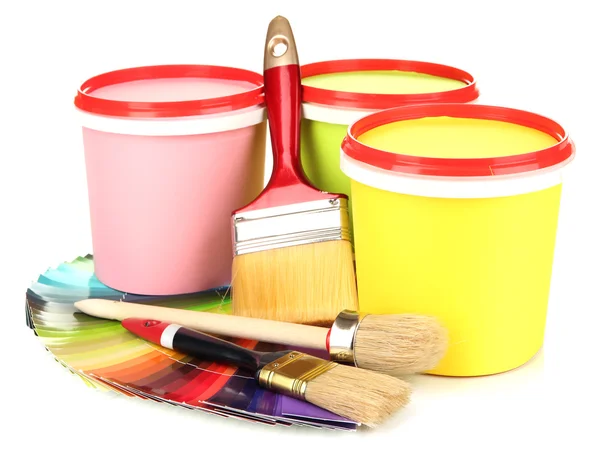 Set for painting: paint pots, brushes, palette of colors isolated on white — Stock Photo, Image