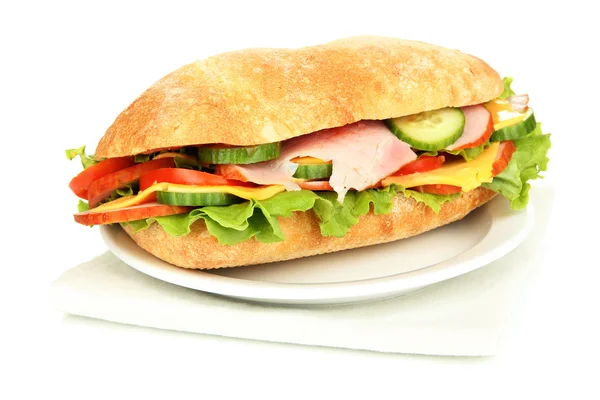 与火腿和孤立在白色的蔬菜的新鲜和美味三明治 — 图库照片