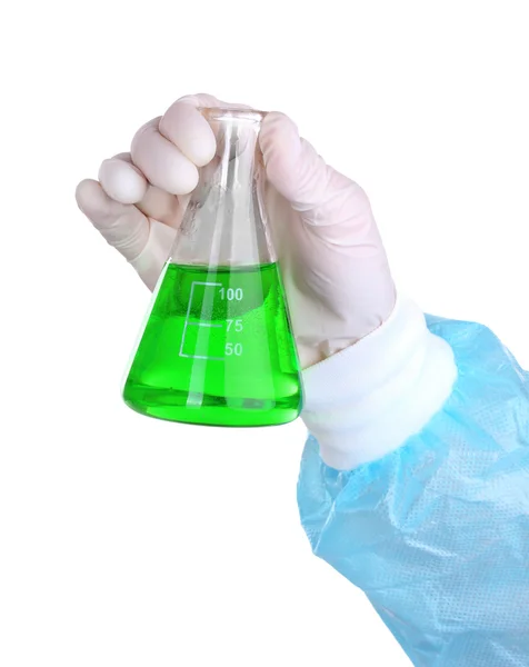 Glasrör med vätska i vetenskapsman hand under medicinska test isolerad på vit — Stockfoto