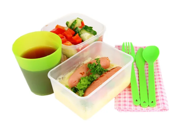 Almuerzo sabroso en recipientes de plástico, aislado en blanco — Foto de Stock