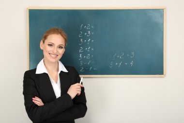 öğretmen kadın sınıfta chalkboard yakınındaki portresi
