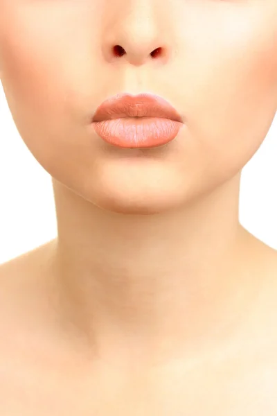 Vackra utgör av glamour beige gloss lips — Stockfoto
