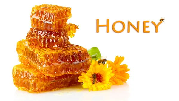Rayons de miel doux avec des fleurs isolées sur blanc — Photo