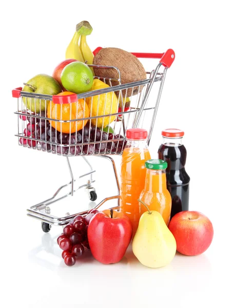 Different fruits in trolley with juice isolated on white — Stock Photo, Image