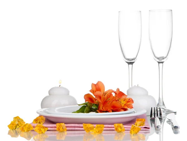 Festive table setting with flowers isolated on white — Stock Photo, Image