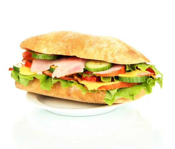 햄과 야채 흰색 절연 신선 하 고 맛 있는 샌드위치 — 스톡 사진