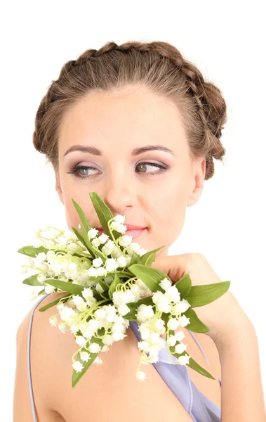 Mujer joven con hermoso peinado y flores, aislado en blanco —  Fotos de Stock