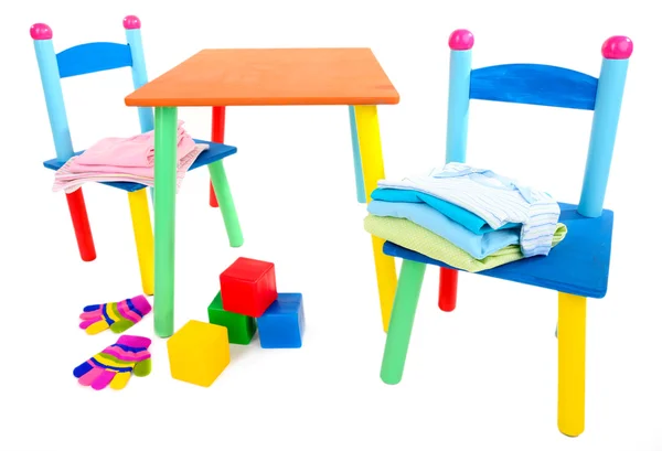 Small and colorful table and chairs for little kids isolated on white — Stock Photo, Image