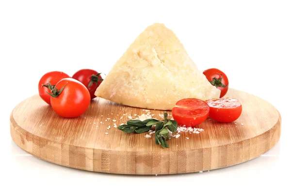 Piece of Parmesan cheese on wooden board isolated on white — Stock Photo, Image