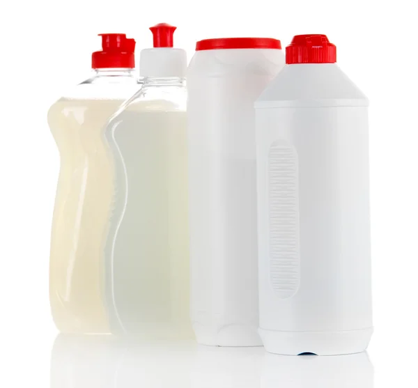 Botellas de líquido lavavajillas y limpiador de cocina, aisladas en blanco — Foto de Stock